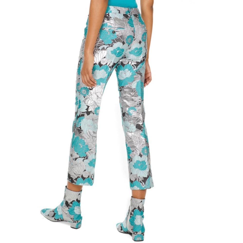 New Michael Kors Collection Silk-Blend Metallic Silver Floral Pants 💕$1295 SZ 2